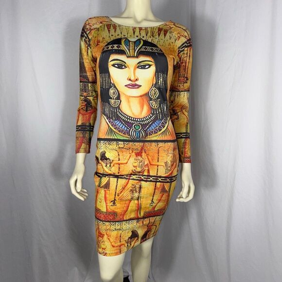 Cleopatra Egyptian Goddess Bodycon Dress | Good Time USA | Vintage Print Long Sl - Picture 1 of 16